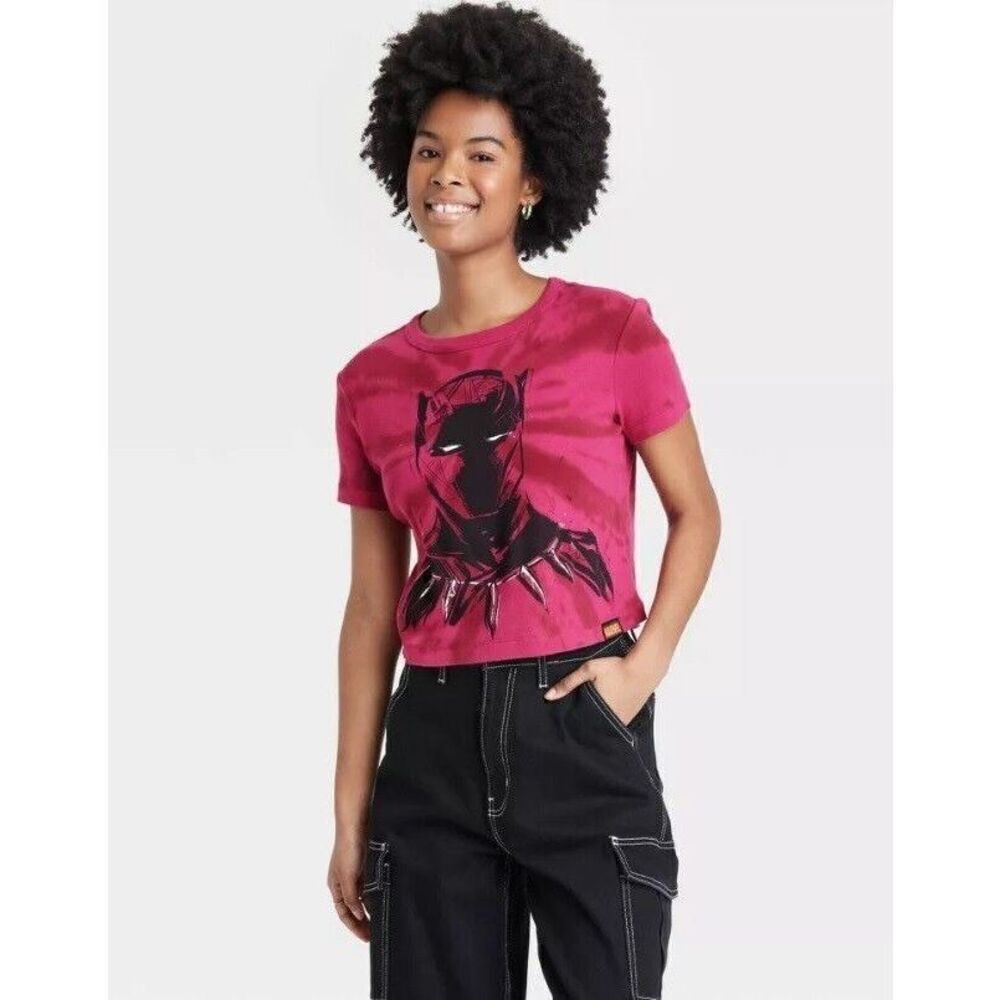 NWOT Womens Marvel Artist Series Black Panther Cropped Dye Dip Tee Shirt - Sz L
